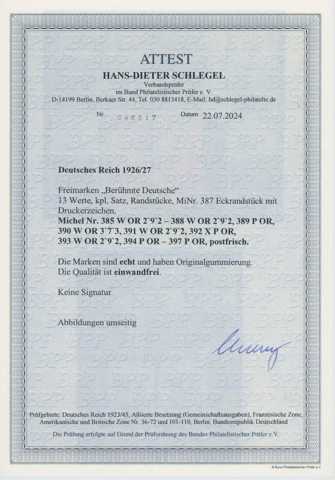 DEUTSCHES REICH 1926/1927 MiNr. 385-397 P/W Oberrand