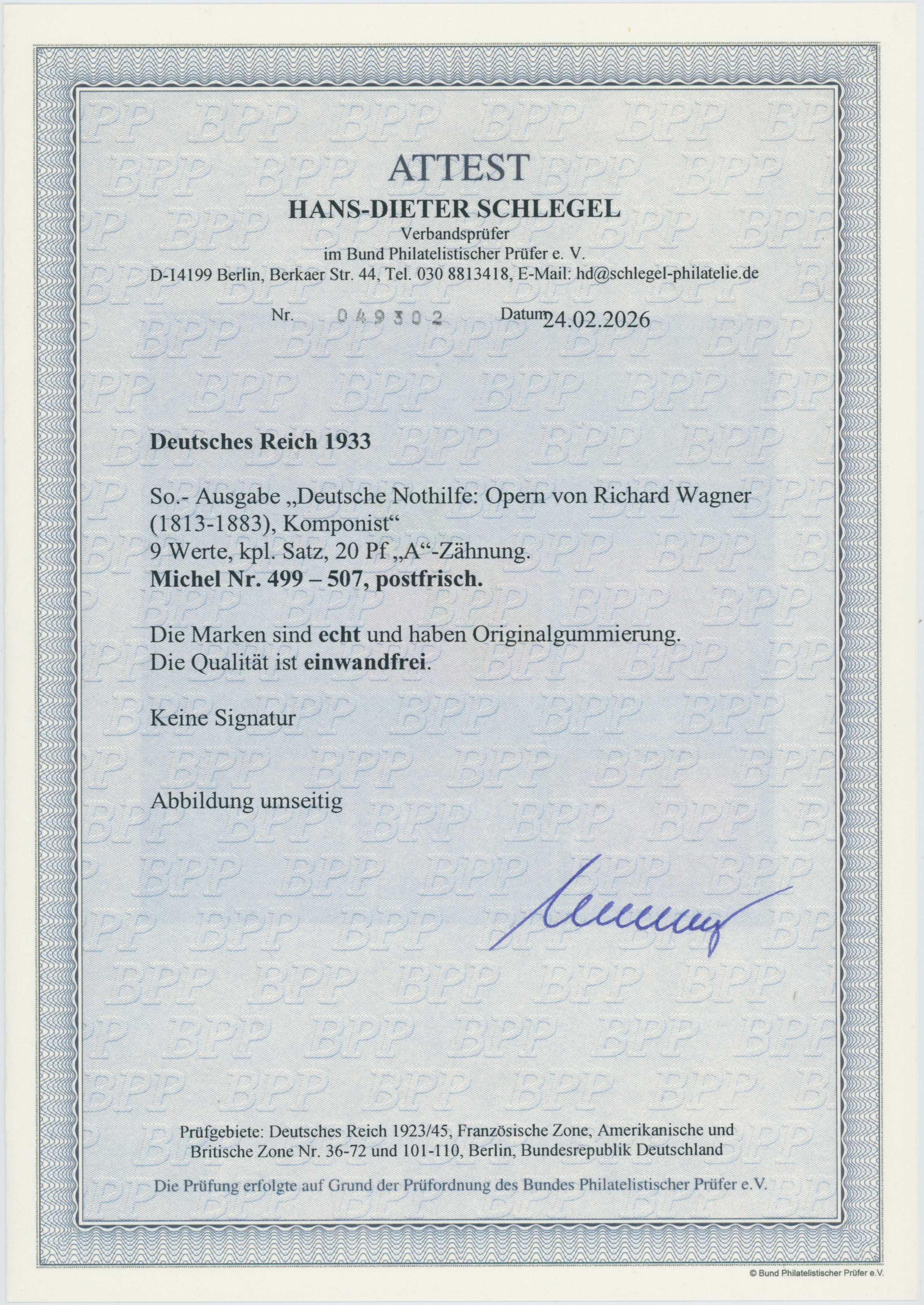 DEUTSCHES REICH 1933 MiNr. 499-507 A-Zähnung