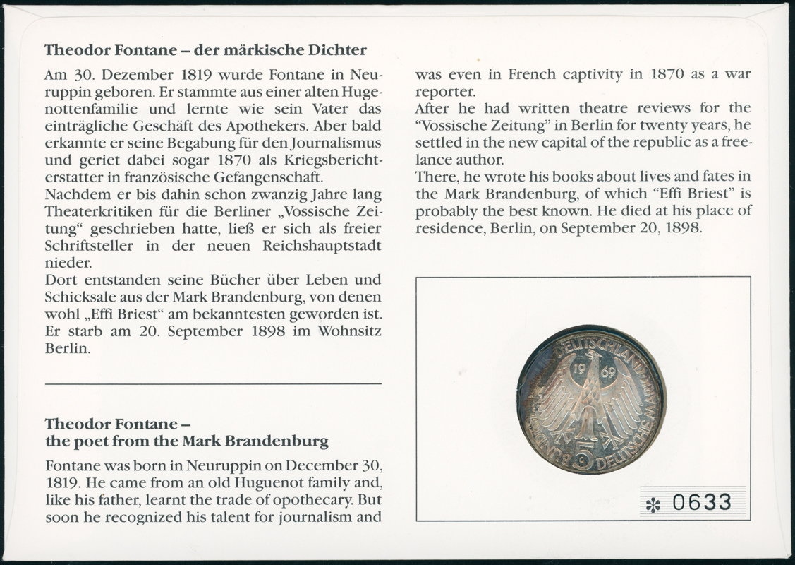 BRD 1969/1990 Numisbrief Theodor Fontane