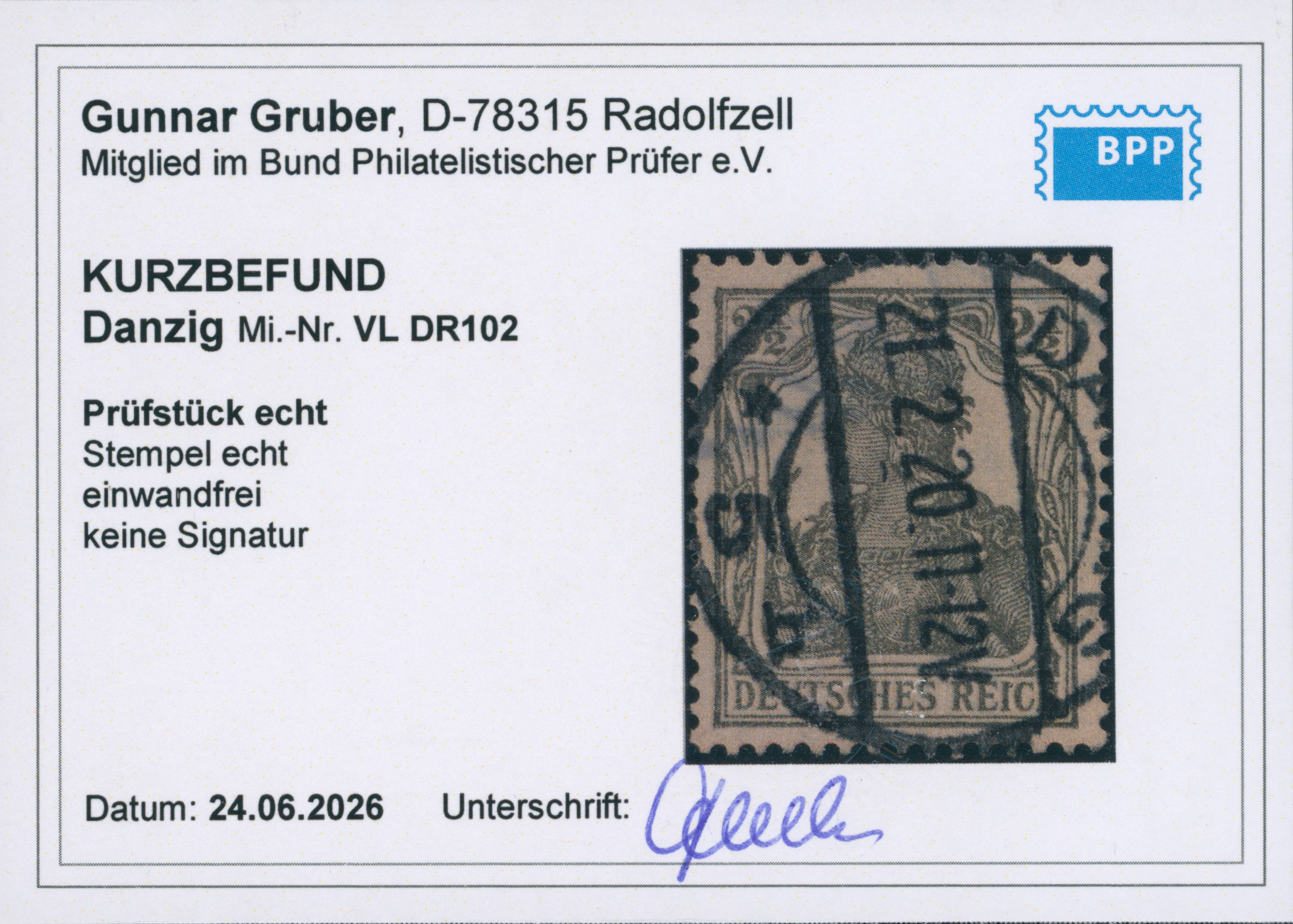 DANZIG 1920 Vorläufer Deutsches Reich MiNr.98