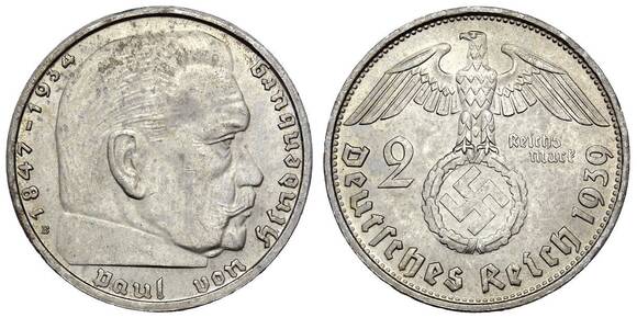 DRITTES REICH 2 Reichsmark Hindenburg 1937-1939 Jaeger 366