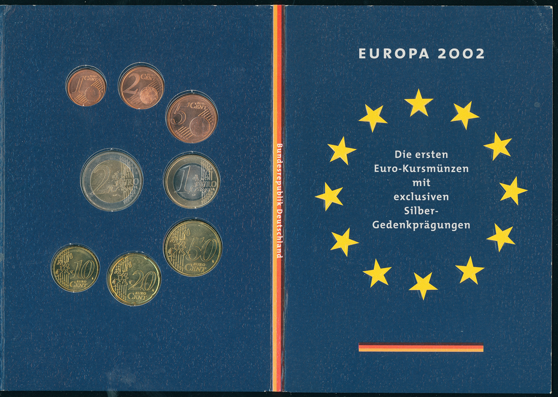 BRD 2002 Euro-Kursmünzsatz mit Sterlingsilber-Medaille