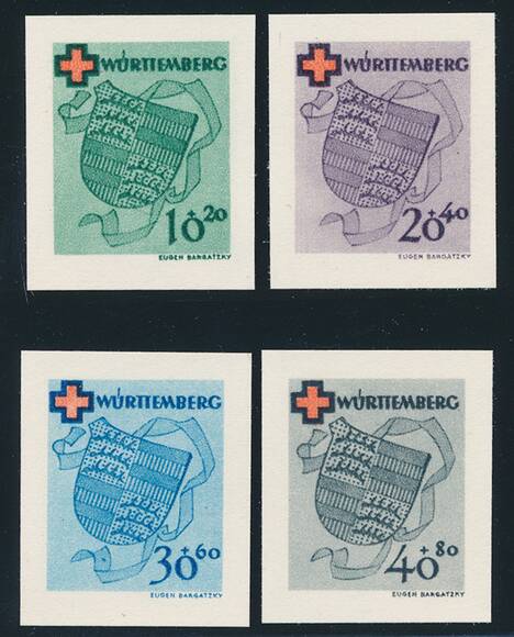 FZ WÜRTTEMBERG MiNr. 40-43 B, Einzelmarken aus Block 1 FZ WÜRTTEMBERG MiNr. 40-43 B, Einzelmarken aus Block 1