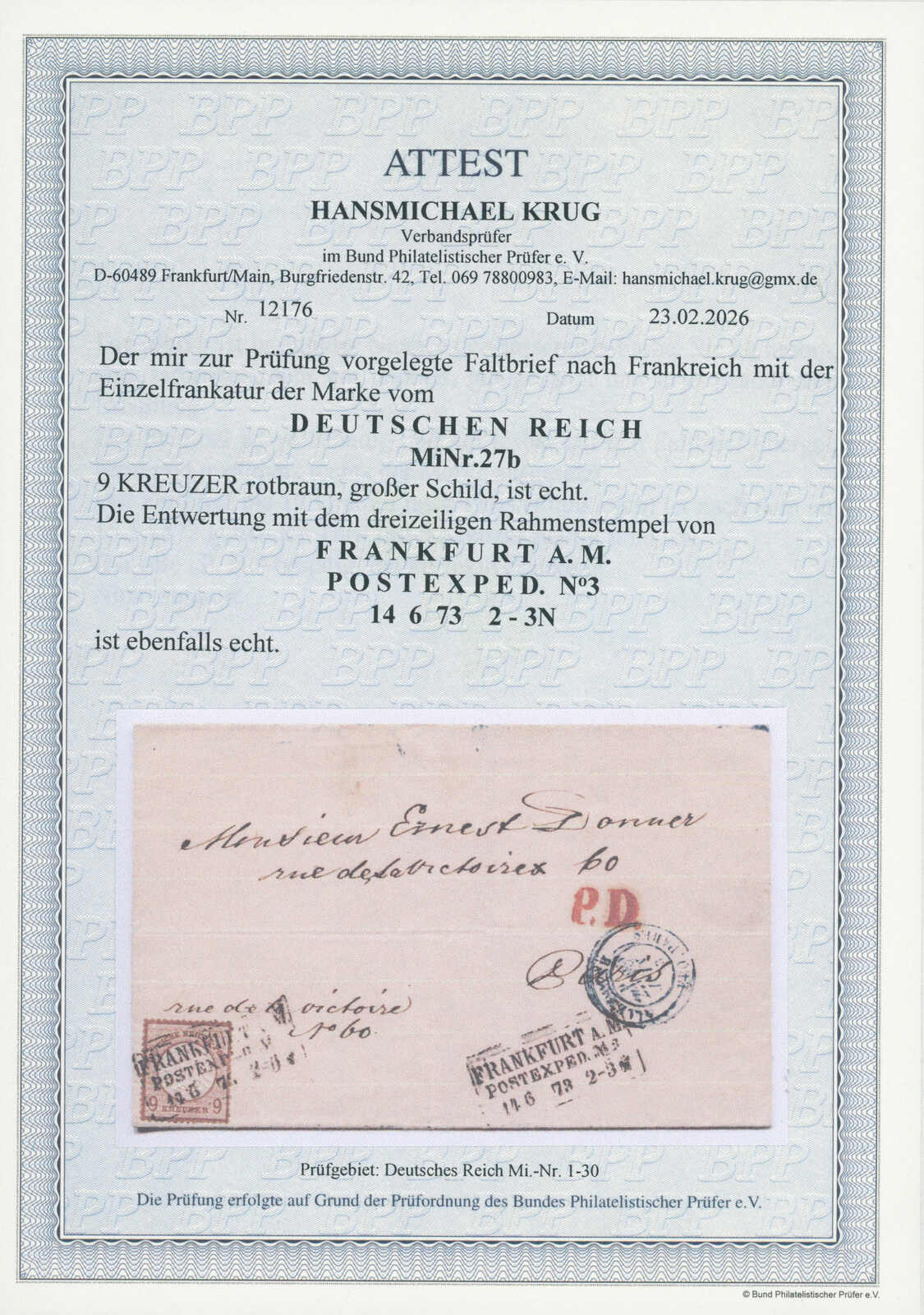 DEUTSCHES REICH 1872 MiNr. 27 b auf Auslandsbrief nach Frankreich