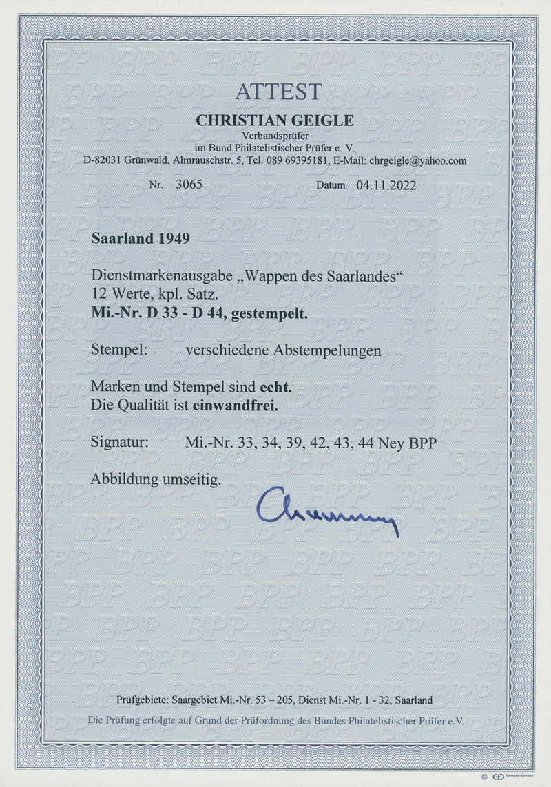 SAARLAND 1949 Dienst MiNr. D 33-44