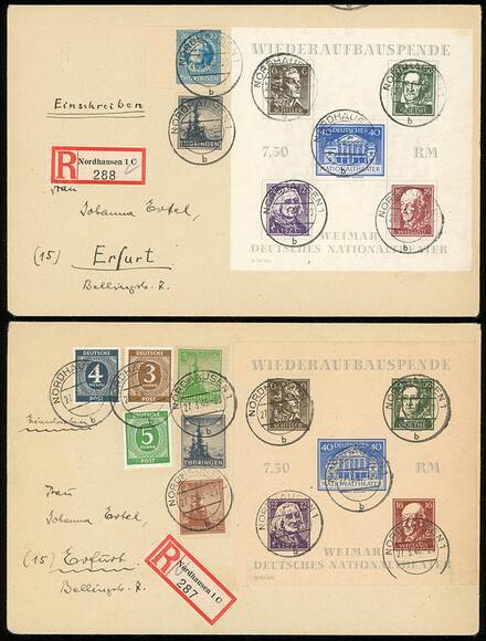 SBZ Block 3 A/B auf zwei R-Ersttagsbriefen SBZ Block 3 A/B auf zwei R-Ersttagsbriefen