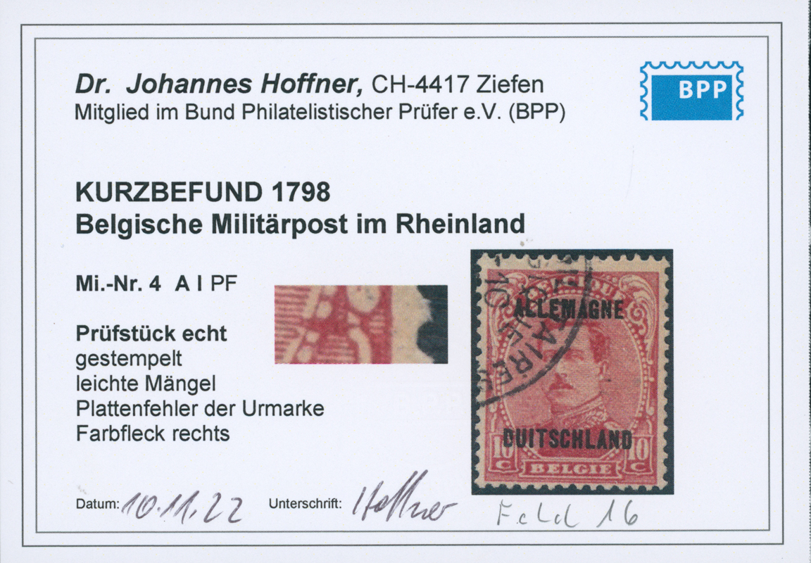 BELGISCHE MILITÄRPOST IM RHEINLAND 1919 MiNr. 4 A I PF