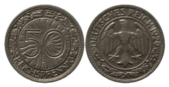 WEIMAR 50 Reichspfennig 1929 D Jaeger 324 WEIMAR 50 Reichspfennig 1929 D Jaeger 324
