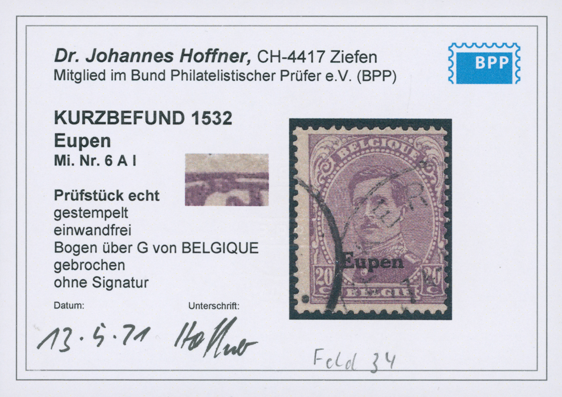 EUPEN 1920 MiNr. 6 A I PF