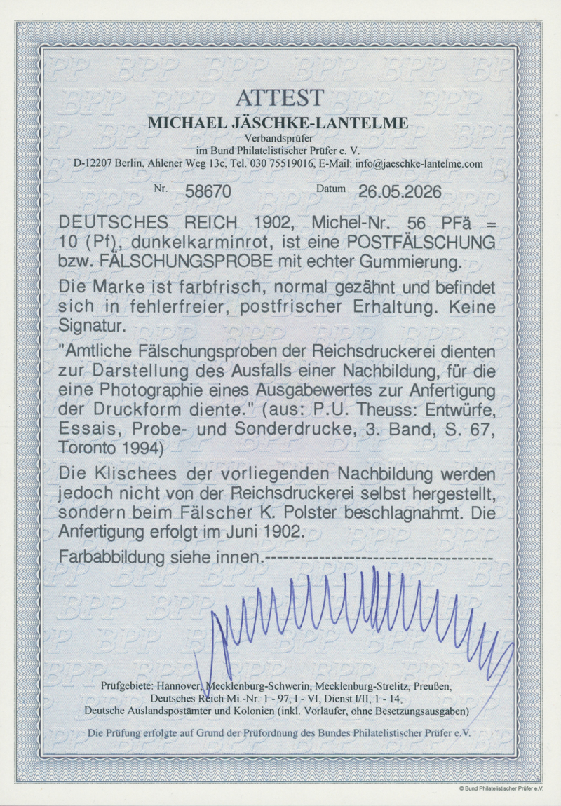 DEUTSCHES REICH 1902 MiNr. 56 PFä Postfälschung