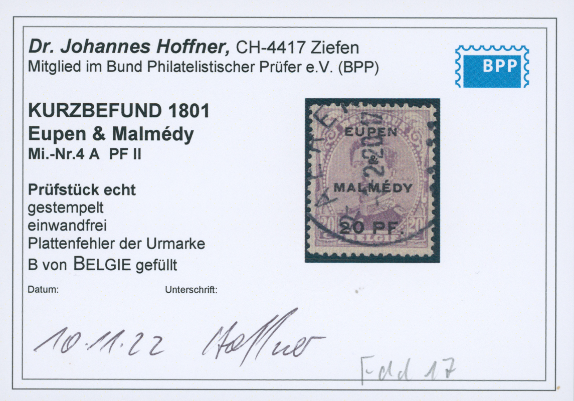 EUPEN UND MALMÉDY 1920 MiNr. 4 A PF II