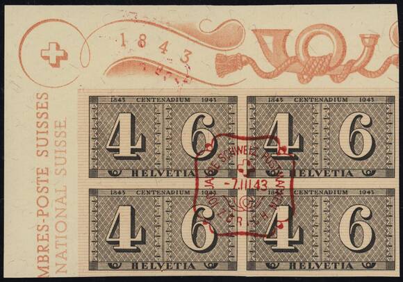 SCHWEIZ 1943 MiNr. 419 Viererblock aus Block 9