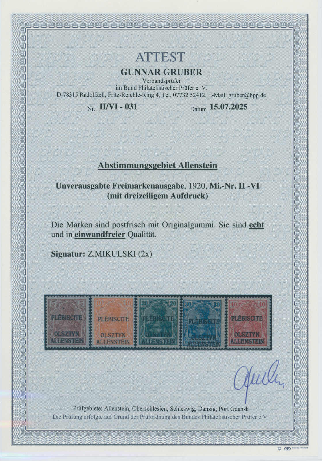 ALLENSTEIN 1920 MiNr. II-VI