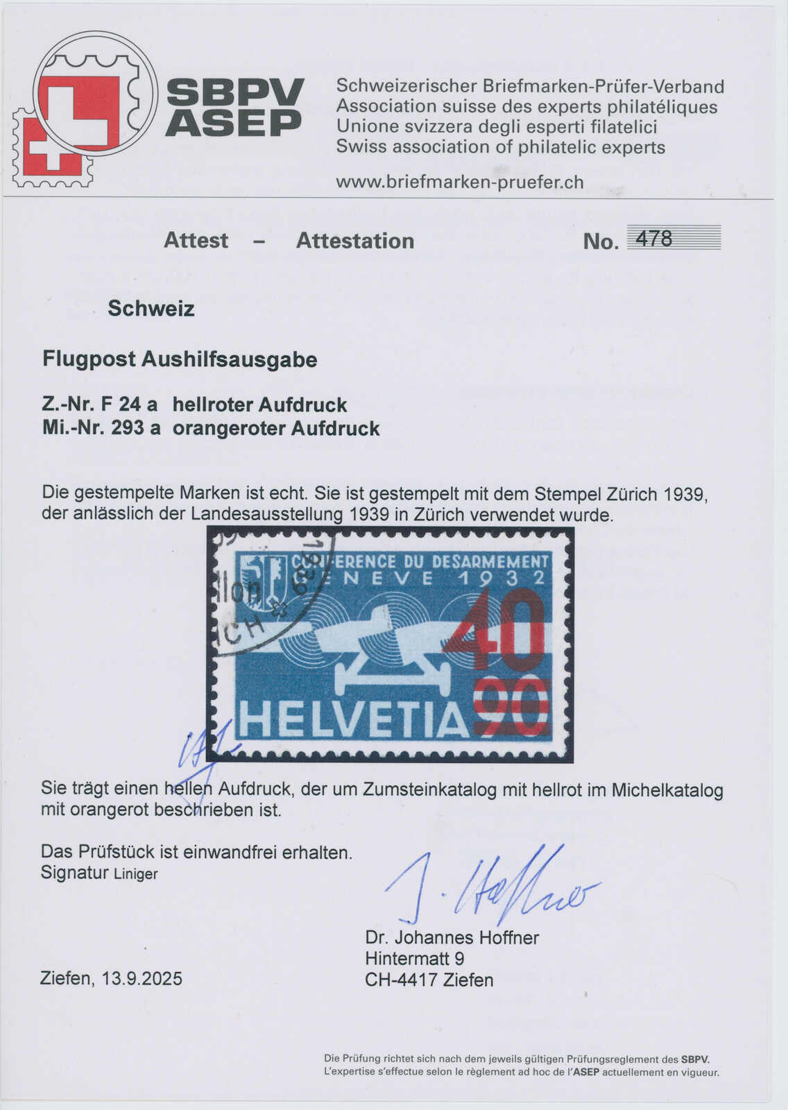 SCHWEIZ 1936 MiNr. 293 a