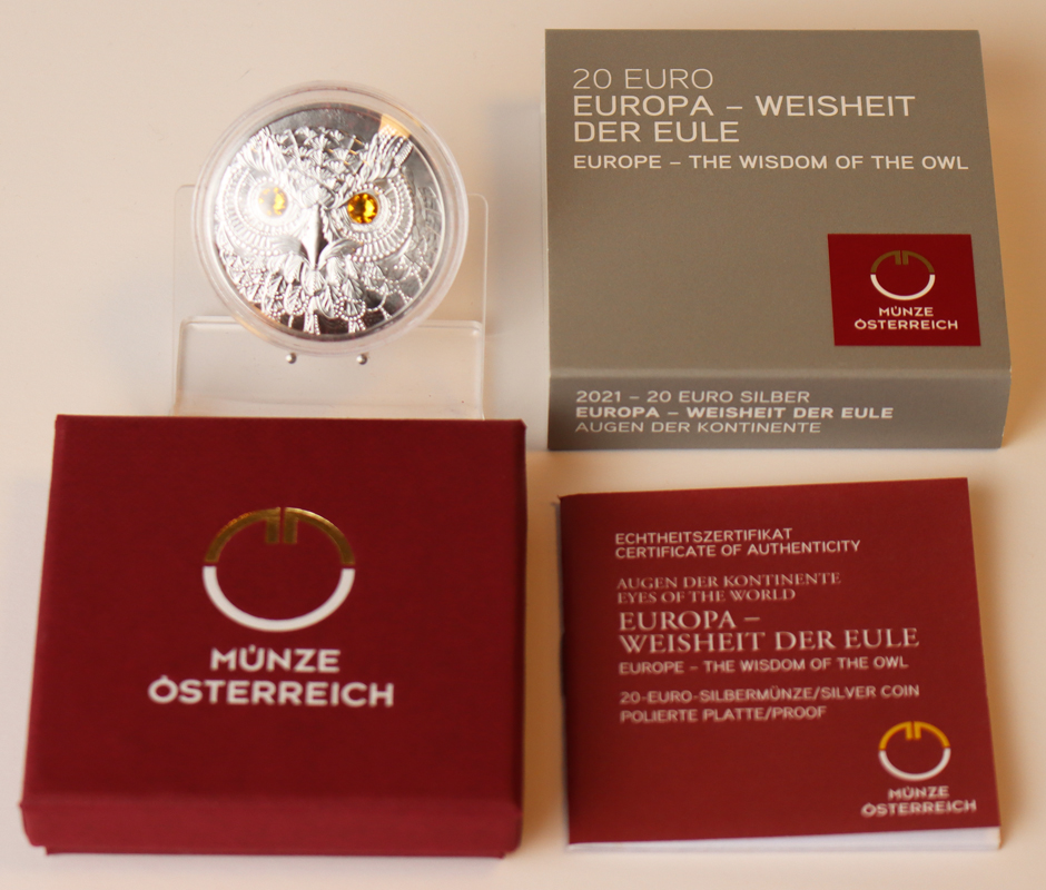 ÖSTERREICH 2021 20 Euro Europa - Weisheit der Eule PP