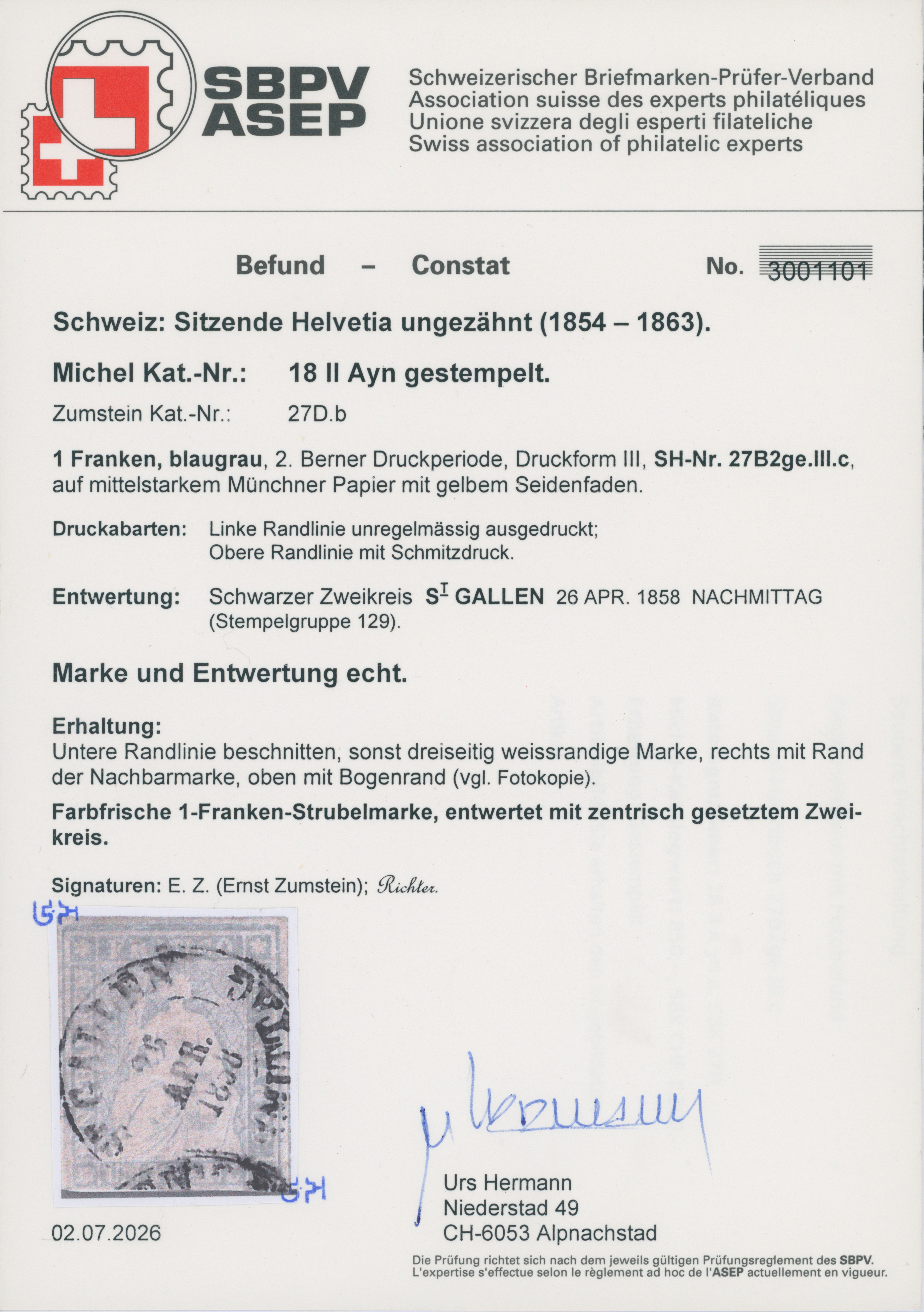 SCHWEIZ 1856 MiNr. 18 II A yn a