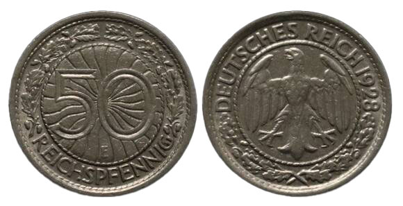 WEIMAR 50 Reichspfennig 1928 E Jaeger 324 WEIMAR 50 Reichspfennig 1928 E Jaeger 324