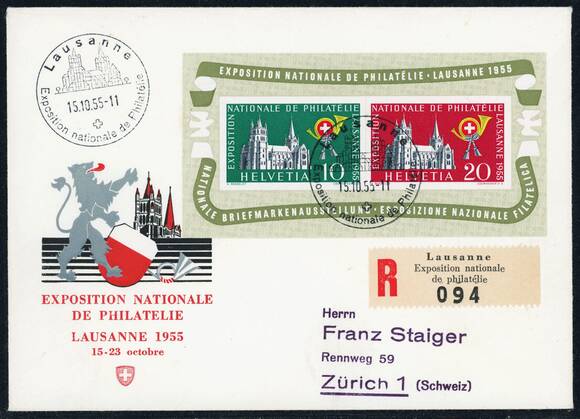 SCHWEIZ 1955 Block 15 portogerechte Einzelfrankatur