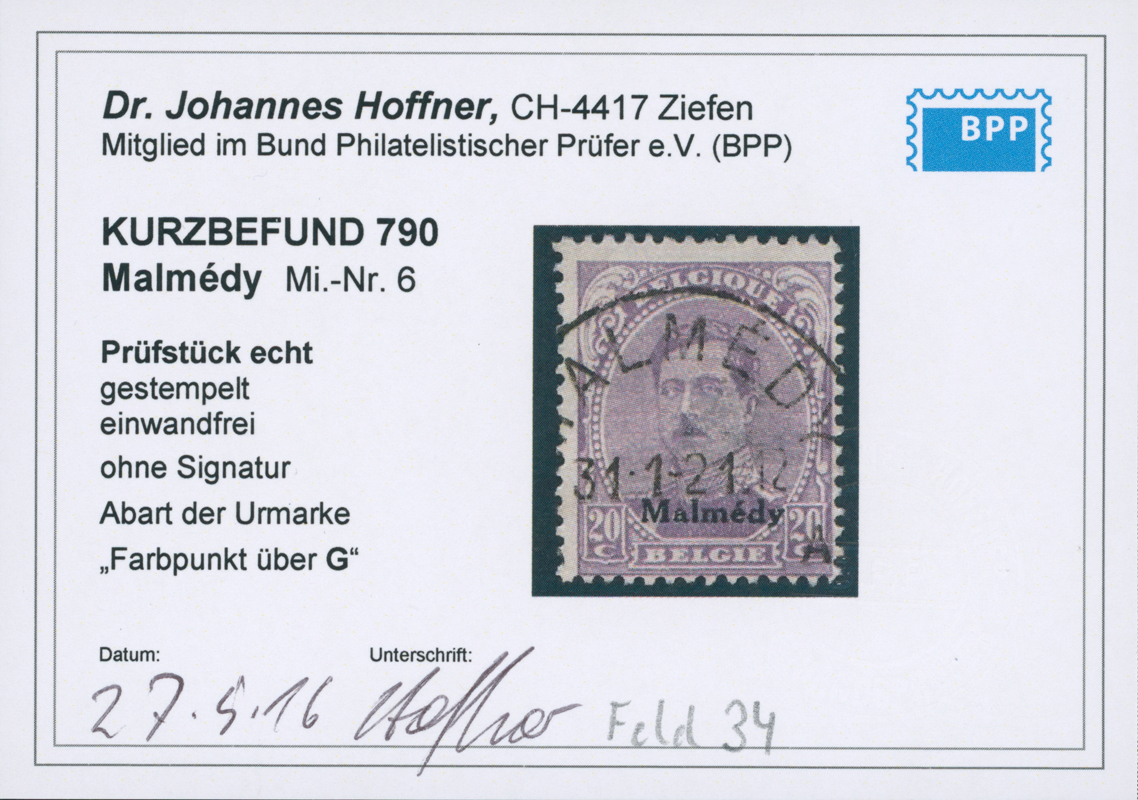 MALMÉDY 1920 MiNr. 6 A I PF