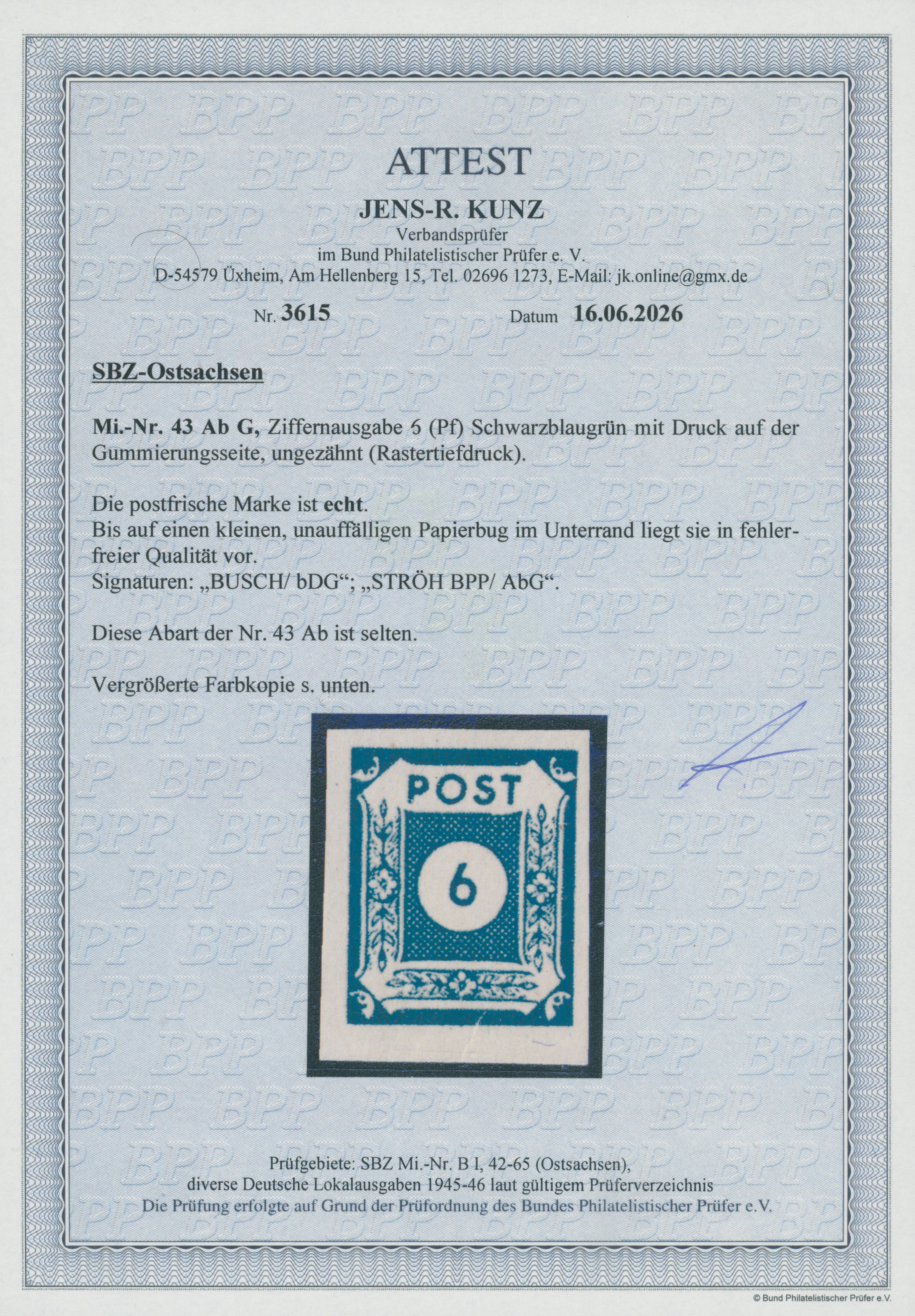 SBZ MiNr. 43 A b G Druck auf der Gummiseite