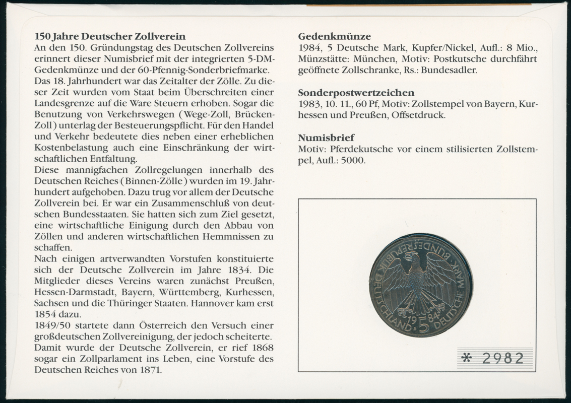 BRD 1984/1987 Numisbrief 150 Jahre Deutscher Zollverein