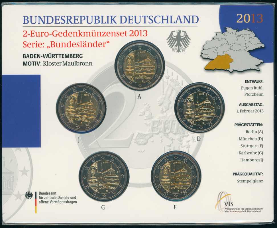 BRD 2013 Serie Bundesländer Baden-Württemberg 5 x 2 Euro