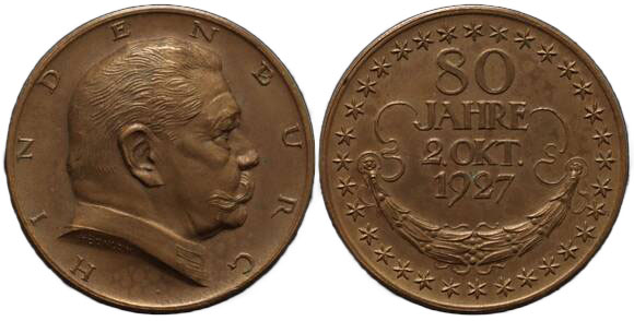 PAUL VON HINDENBURG Bronzemedaille auf den 80. Geburtstag 1927