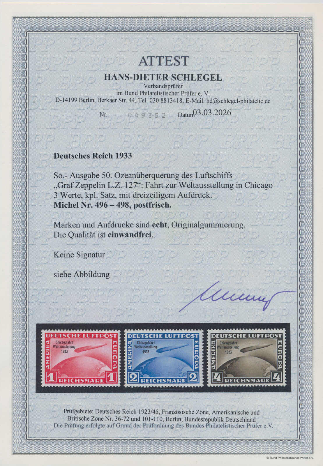 Deutsches Reich 1933 MiNr. 496-498 Chicagofahrt