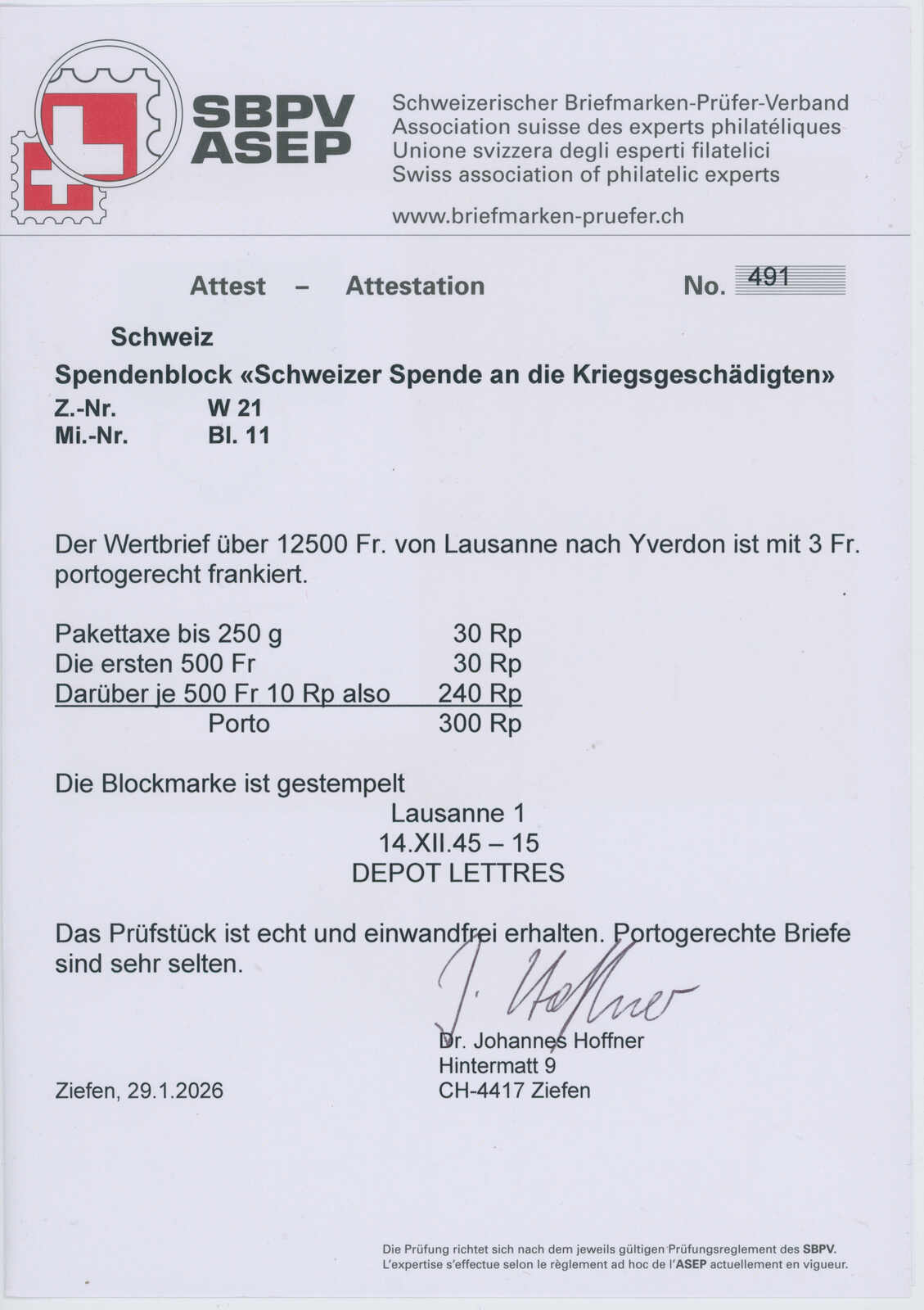 SCHWEIZ 1945 Block 11 portogerechter Wertbrief