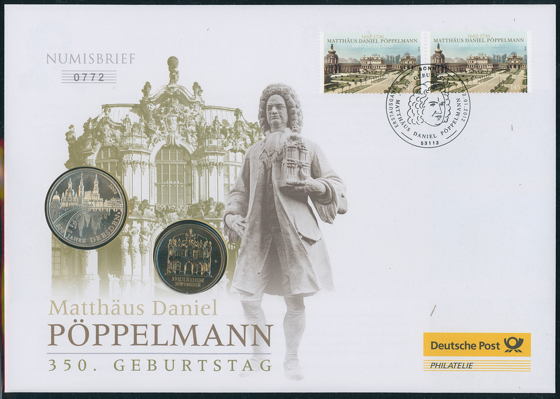 BRD/DDR 1985/2006/2012 Numisbrief 350. Geburtstag Matthäus Daniel Pöppelmann