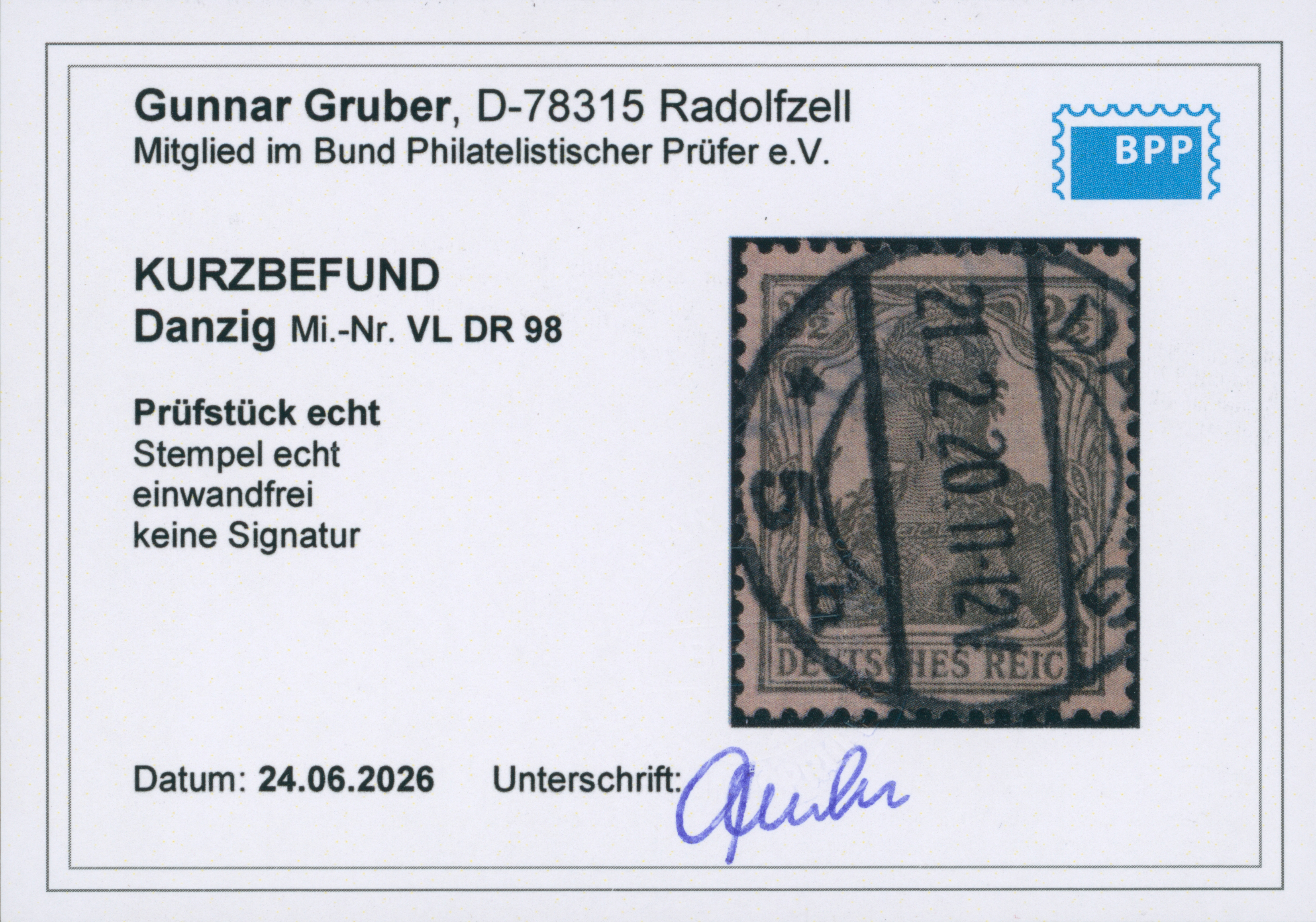 DANZIG 1920 Vorläufer Deutsches Reich MiNr. 98
