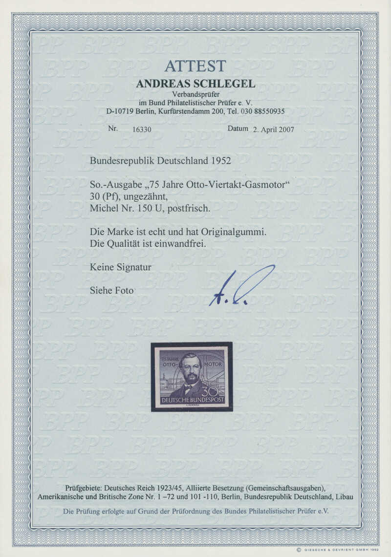 BRD 1952 MiNr. 150 U ungezähnt