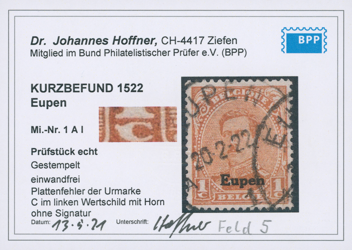 EUPEN 1920 MiNr. 1 A I PF
