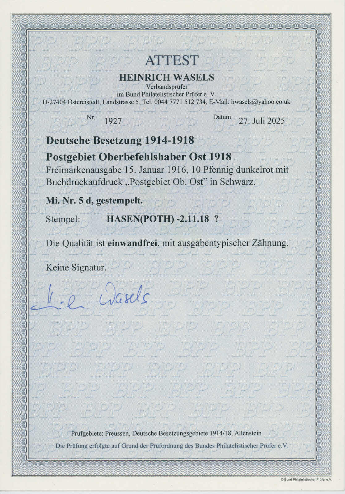 POSTGEBIET OBERBEFEHLSHABER OST 1918 MiNr. 5 d
