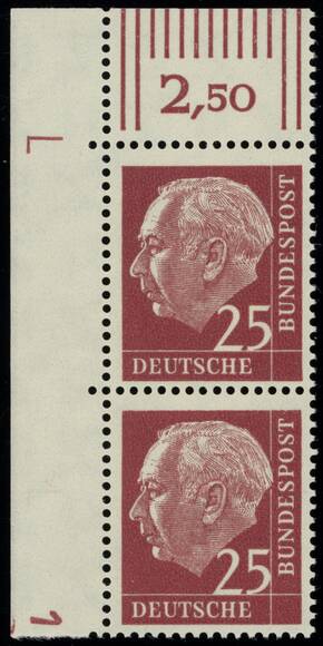 BRD 1960 Heuss lumogen MiNr. 186 y W DZ Druckerzeichen '1' positiv und 'L' BRD 1960 Heuss lumogen MiNr. 186 y W DZ Druckerzeichen '1' positiv und 'L'