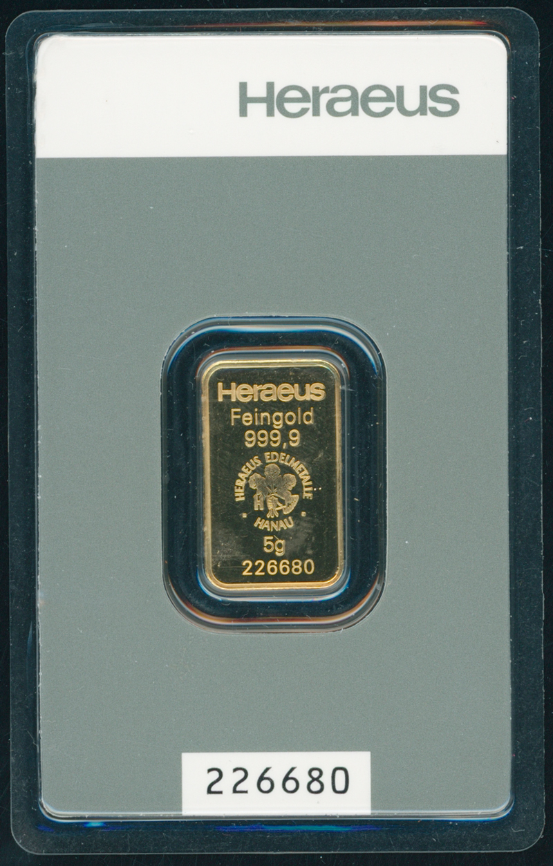 GOLDBARREN 5 Gramm Feingold Heraeus