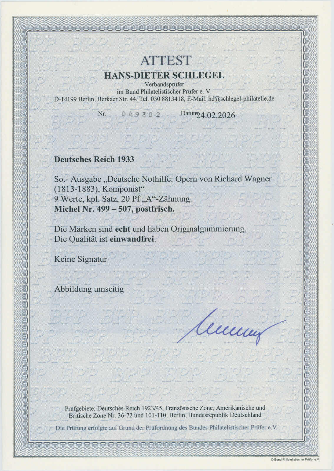 DEUTSCHES REICH 1933 MiNr. 499-507 A-Zähnung