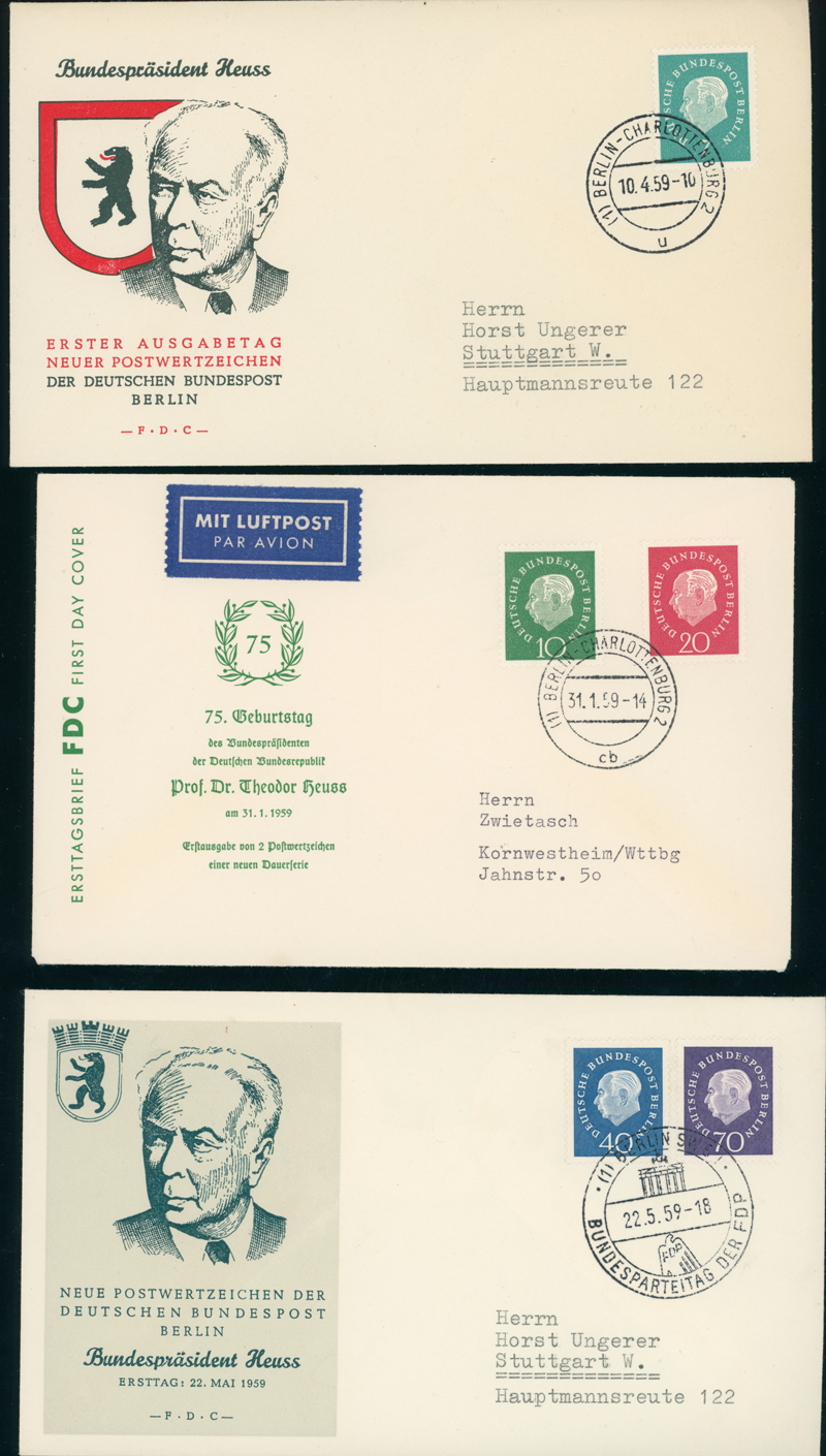 BERLIN 1959 MiNr. 182-186 auf drei FDC