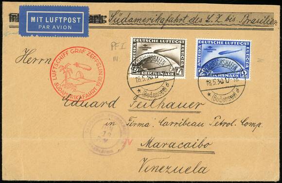 DR 1930 Zeppelinbrief der Südamerikafahrt des LZ 127 mit MiNr. 438 Y und 439 X I DR 1930 Zeppelinbrief der Südamerikafahrt des LZ 127 mit MiNr. 438 Y und 439 X I