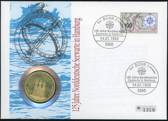 BRD 1989/1993 Numisbrief 125 Jahre Norddeutsche Seewarte in Hamburg BRD 1989/1993 Numisbrief 125 Jahre Norddeutsche Seewarte in Hamburg