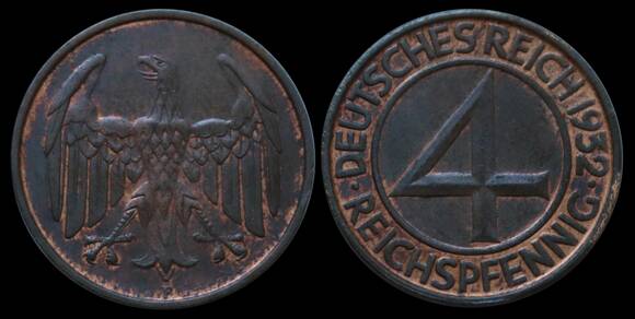 WEIMAR 4 Reichspfennig, 1932 F, Jaeger 315