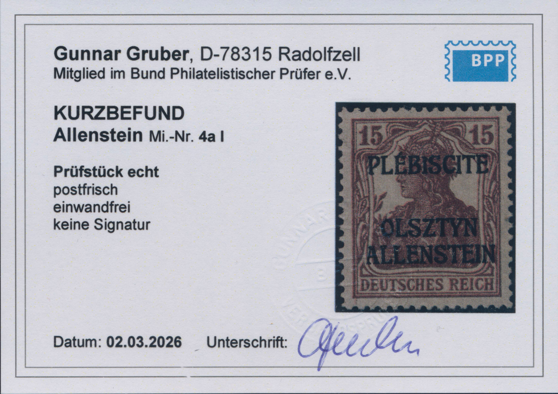 ALLENSTEIN 1920 MiNr. 4 a I