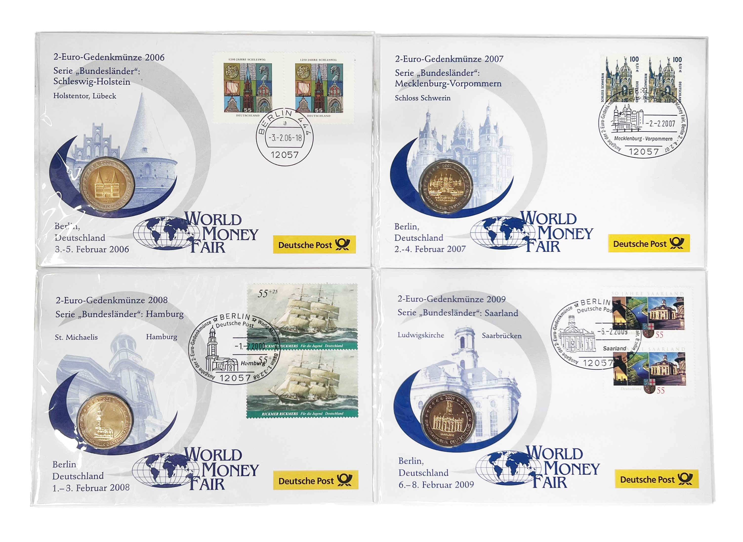 BRD 2006-2012 Partie mit 7 x 2 Euro Numisbriefen Serie Bundesländer World Money Fair