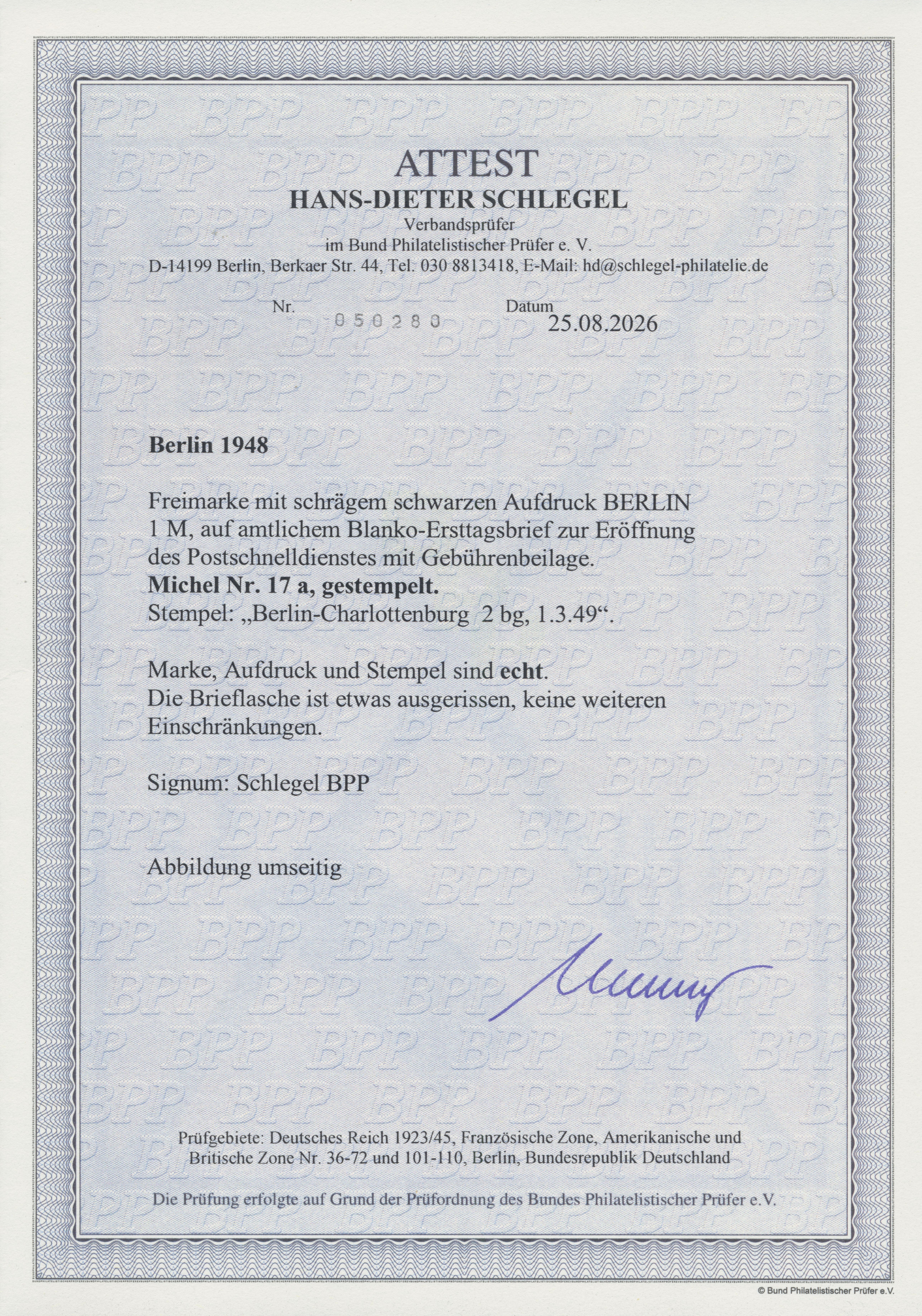 BERLIN 1949 Postschnelldienst-FDC mit MiNr, 17 a und Ankündigungsblatt