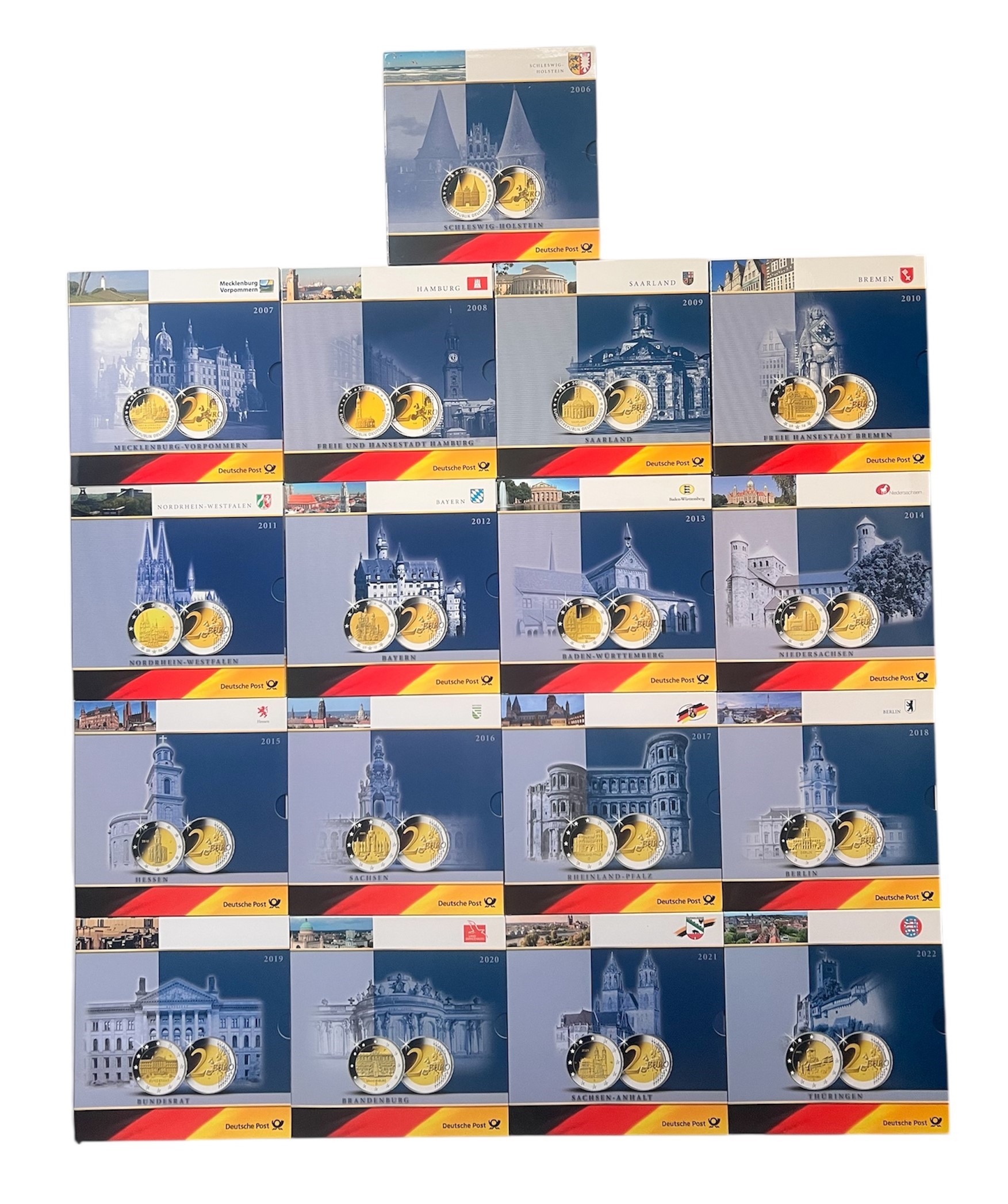 BRD 2006-2022 schöne Sammlung mit 17 x 2 Euro Serie Bundesländer in Foldern der Deutschen Post