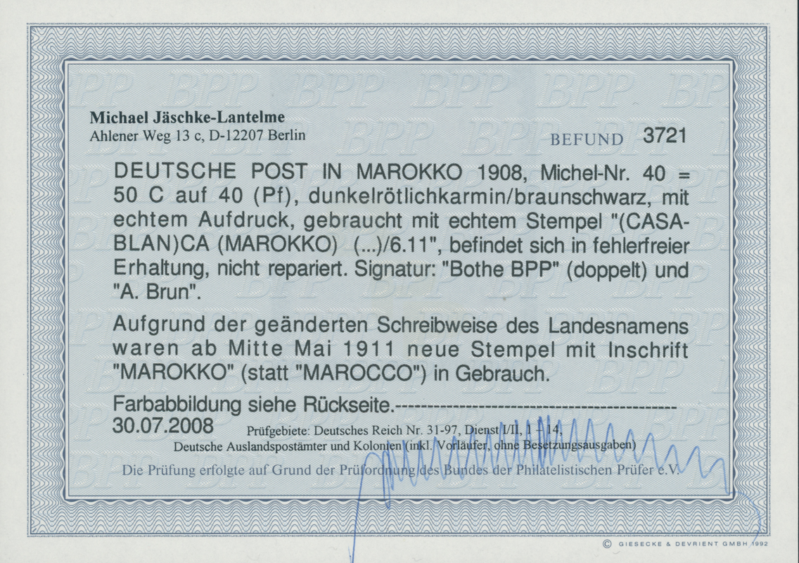 DP MAROKKO 1908 MiNr. 40 Stempelinschrift "MAROKKO"