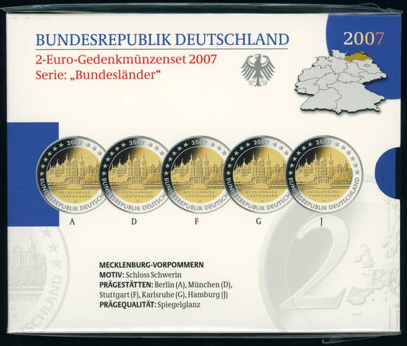 BRD 2007 Serie Bundesländer Mecklenburg-Vorpommern 5 x 2 Euro PP BRD 2007 Serie Bundesländer Mecklenburg-Vorpommern 5 x 2 Euro PP