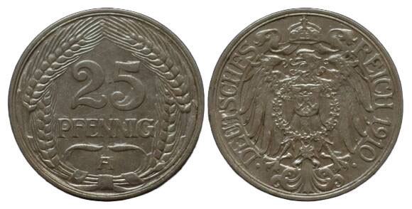 KAISERREICH, 25 Pfennig, 1910 A, Jaeger 18