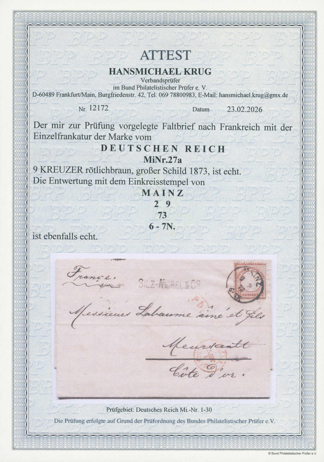 DEUTSCHES REICH 1872 MiNr. 27 a auf Auslandsbrief nach Frankreich