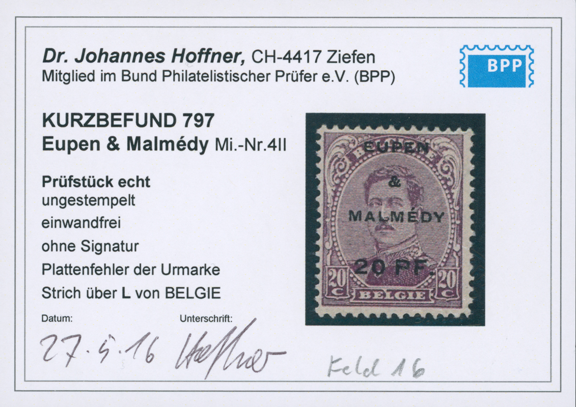 EUPEN UND MALMÉDY 1920 MiNr. 4 A PF